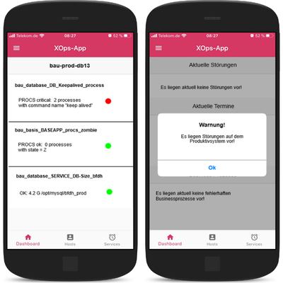 Zwei Smartphones mit Screenshots der XOPS App